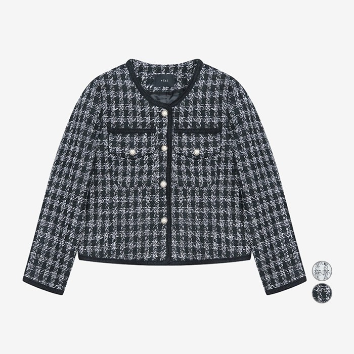 비키 여성용 트위드 체크 진주 버튼 자켓 TKJAB2104
