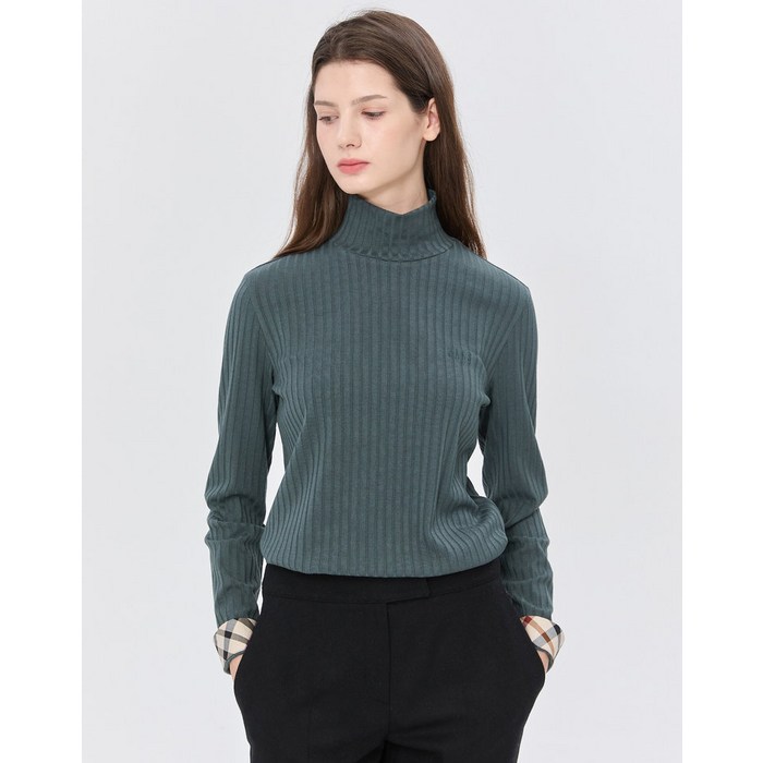 닥스 여성 가격인하스테디셀러그린 골지 체크 배색 긴소매 하이넥 티셔츠