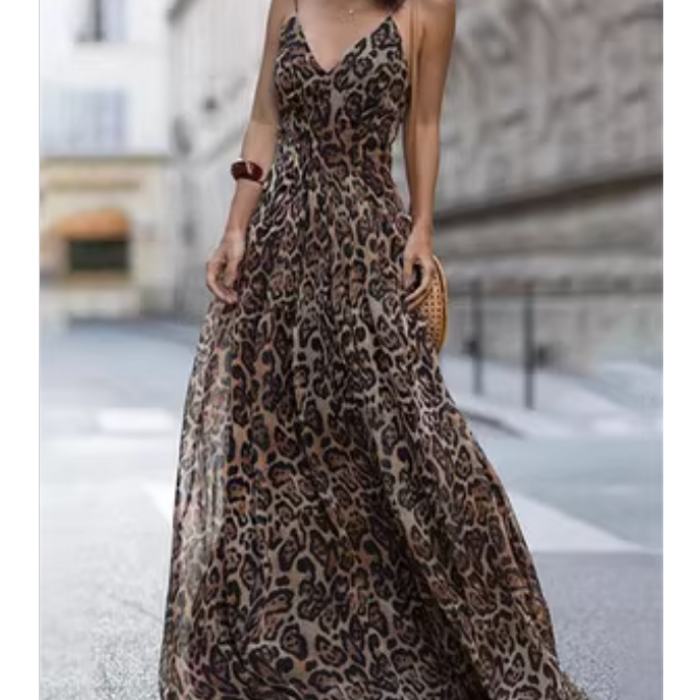 여성 딥 V넥 끈나시 롱 호피 원피스 여름 민소매 Ebay aliexpress 유럽과 미국 새로운 패션 레오파드 프린트 V 넥 서스펜더 드레스 스커트 조수