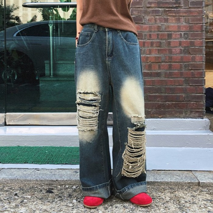 피니 4계절,빈티지 베키 데미지 와이드팬츠 4size 4계절팬츠 디스트로이진 찢청바지 워싱와이드 일자핏 가을데님 데님와이드 y2k 유니크