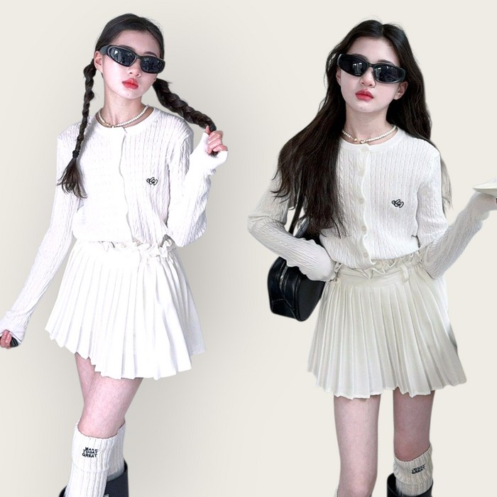 해피팡팡  봄 가을 아동  주니어 꽈배기 가디건  플리츠스커트 투피스 세트   화이트코코 트윈셋 140170호 초중생 가을 투피스 추석 설날  여아 상하의세트 여아상하복세