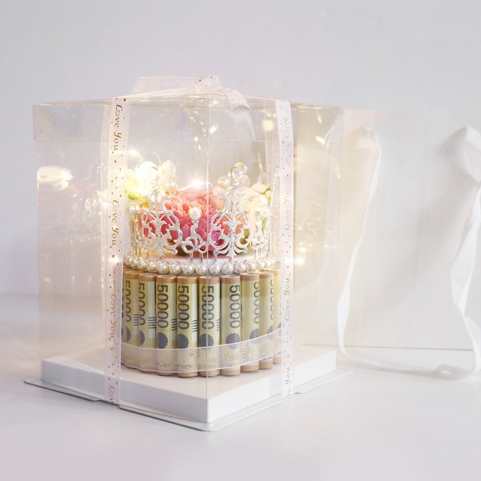 용돈박스 비누꽃 생신 생일 용돈 이벤트 왕관돈케이크 전용쇼핑백 페이크머니 LED전구, 1개, 핑크