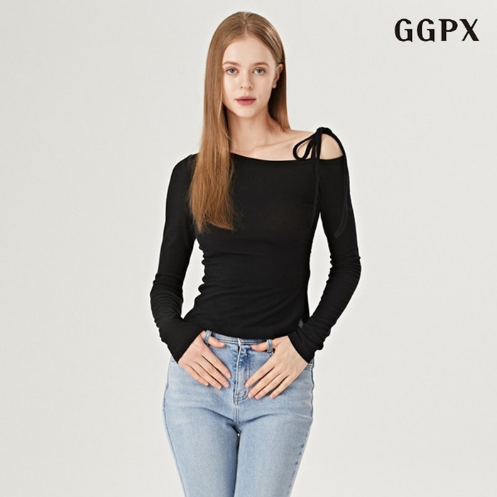 GGPX 러블리 언발 셔링 끈 숄더 리본 티셔츠  GOALW008D