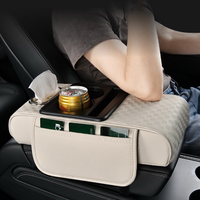 Jeernare 차량용 팔걸이쿠션 콘솔박스 티슈 흔드품 컵홀더 수납 일체형 다용도 방수, 1개, 아이보리