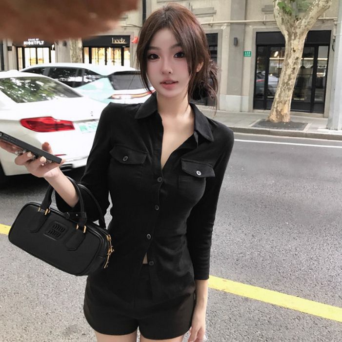 피어니스트 여성용 슬림 포켓 카라 긴팔 셔츠