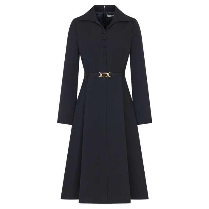 라인어디션 오픈카라 벨티드 플레어 미디 원피스