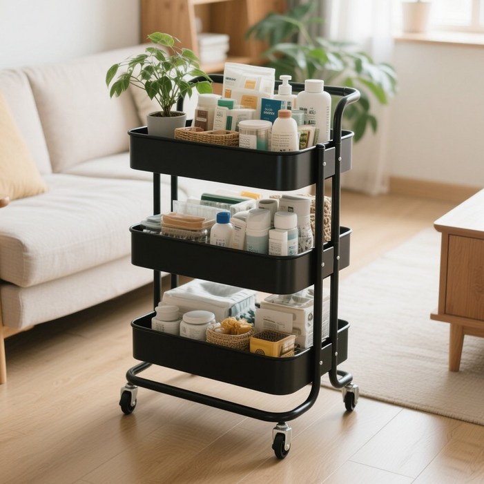 이동식 3단 메탈 트롤리 스토퍼 바퀴 세트  핸들 다용도 수납 선반, 3단, 블랙