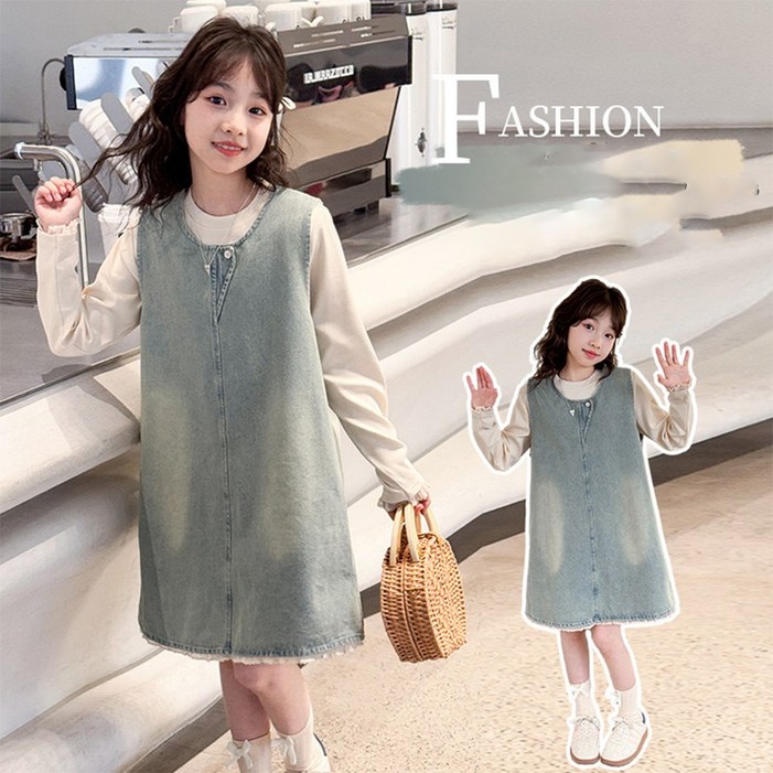 패션플래시 여아 레이스 나시 멜빵데님원피스 긴팔 니트 이너 세트 민소매 원피스 라운드넥 상의 투피스 세트