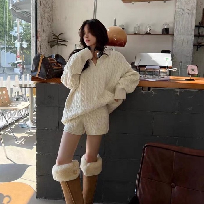 uniquezon 여성 가을겨울 니트셋업 브이넥 긴팔 스웨터 반바지 투피스 세트 아우터