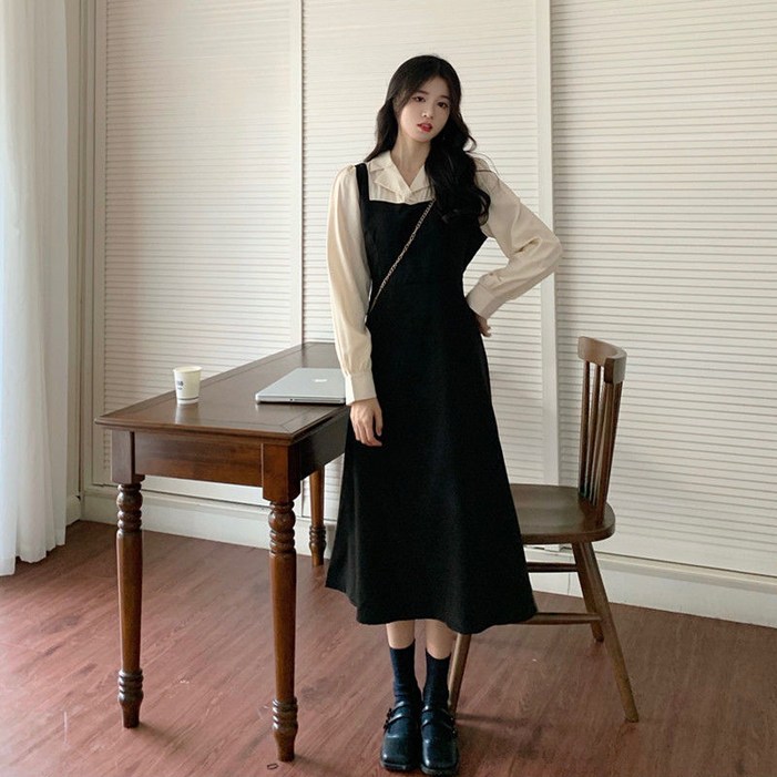 COSYEVNO 봄가을 여성 롱 원피스 페이크 투피스 허리를 여미어 날씬해 보이는 COSYEVNO 봄가을 여성 롱 원피스 페이크 투피스 허리를 여미어 날씬해 보이는