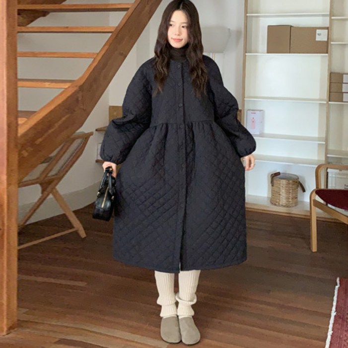 바이미니 퀼팅 누빔 패딩 빅사이즈 라운드넥 원피스 롱 코트