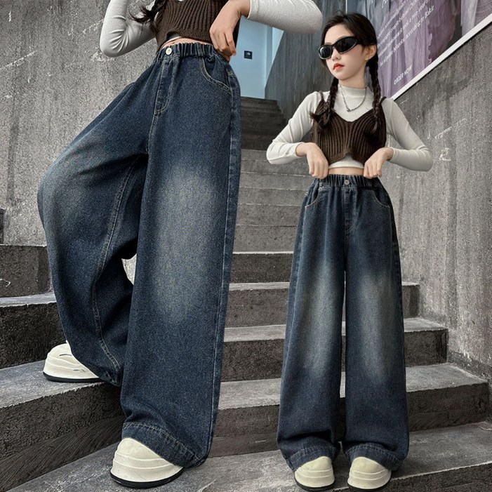 초등생 주니어 밴딩바지 여아 와이드핏 청팬츠