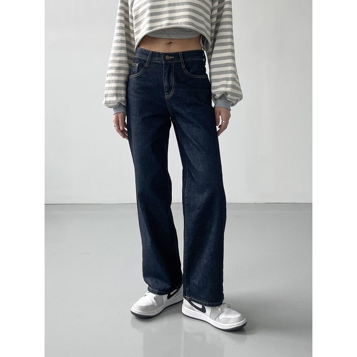청요일 여성 진청 빈티지 와이드 생지 일자 데님팬츠 데일리룩 국내생산 청바지