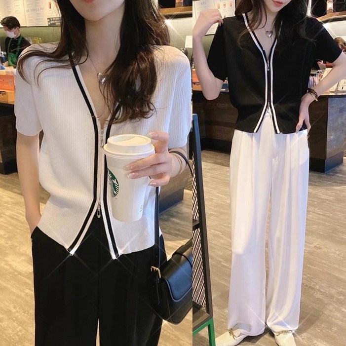 무배에런스 휘뚜루마뚜루 투웨이 집업 반팔 여름 니트가디건 화이트 블랙 2color 5566