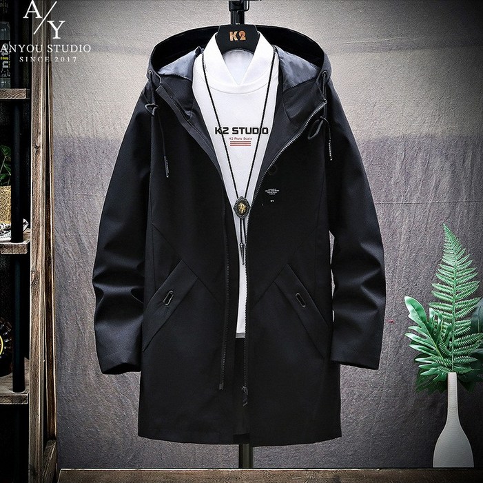 ANYOU 남자 춘추 재킷 외투 오버핏 롱코트 패션을 겸비 후드코트