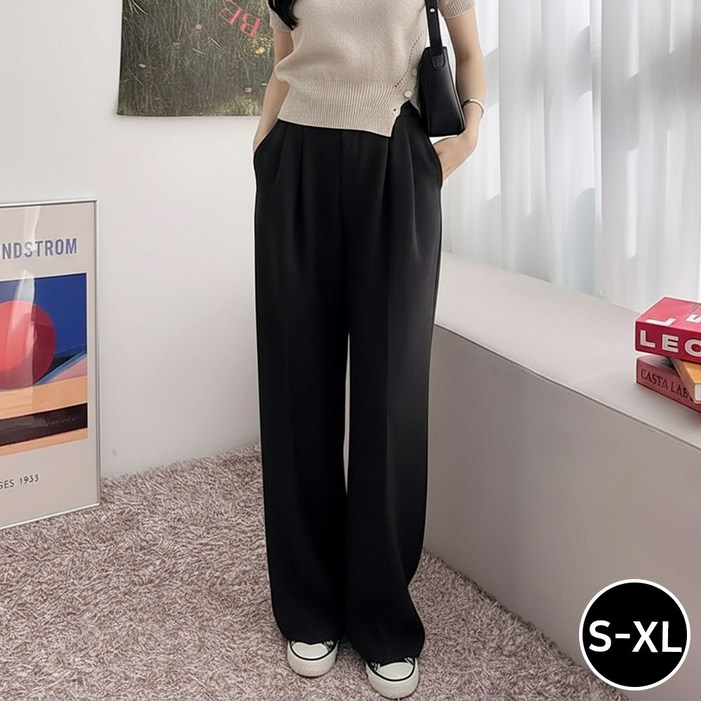 블레스유 여성용 핀턱 와이드 슬랙스 스판 뒷밴딩 데일리슬랙스 정장바지