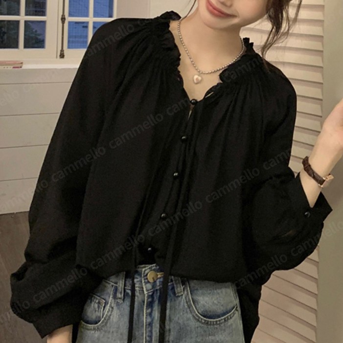 cammello 콩단추 포인트 벌룬 셔링 리본 긴팔 블라우스 봄가을 데이트룩