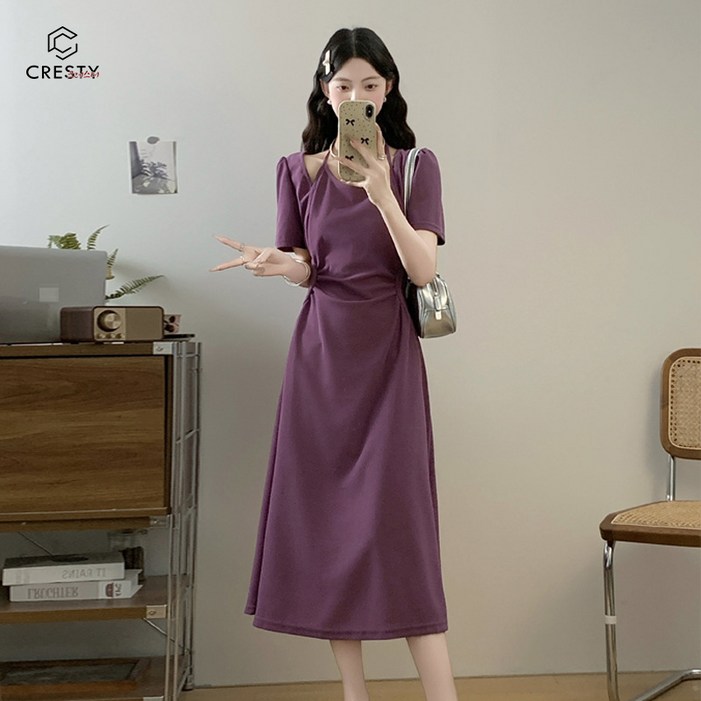 크레스티 여성 하이웨이스트 반팔 청순한  롱원피스 프렌치한 끈나시 원피스