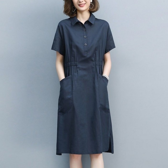 UNIQUEZON 여성 편안한 반팔 미디 원피스 루즈핏 중년 엄마 베이직 투 포켓 셔츠 원피스 여름