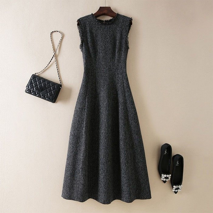 AOKADA 여성 가을 겨울 슬림핏 A라인 모직 태슬 오피스룩 하객룩 민소매 원피스