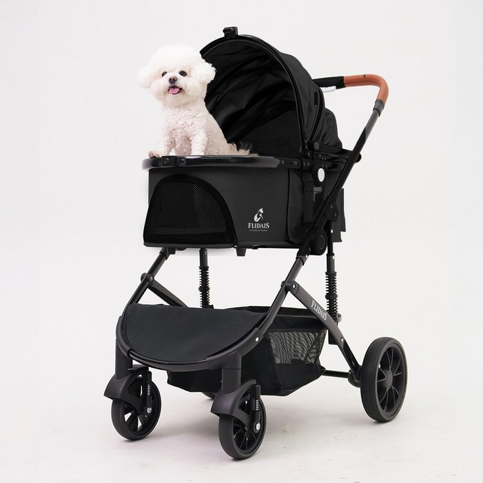 플리다스 디럭스 분리형 원터치 펫 유모차 개모차 애견 반려견 경량 퀵폴딩 소형견 중형견, 블랙, 1개, 고급형