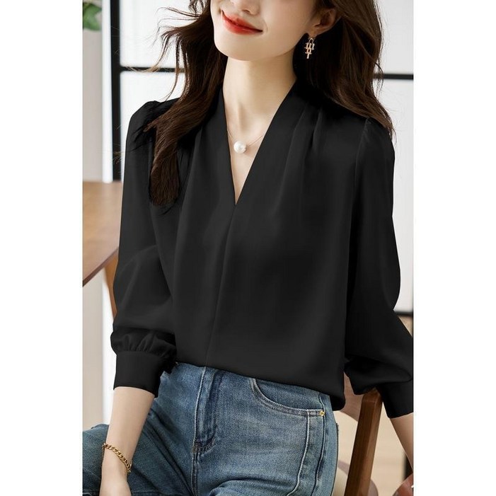 ANYOU 여성 봄 브이넥 긴팔 블라우스 통근 블라우스 티 dh95