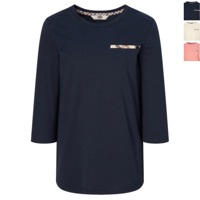 닥스 레이디스 7부 체크 배색 면혼방 소매 티셔츠 여성 의류 라운드티