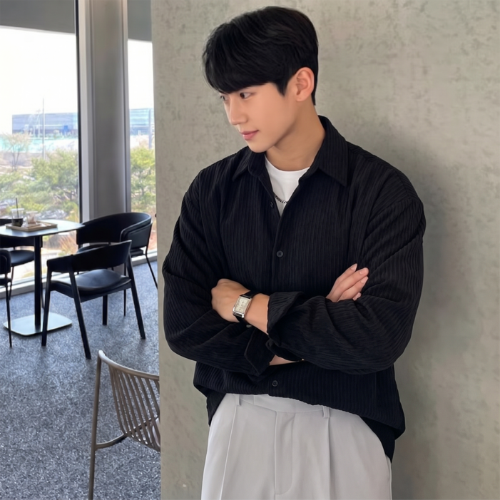 ANYOU 남성 코듀로이 오버핏 셔츠 봄가을 캐주얼 룩 남자 데일리 셔츠 커플룩