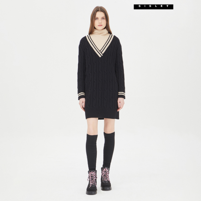 시슬리 배색 케이블 니트원피스 SAKO32361_BK 763223