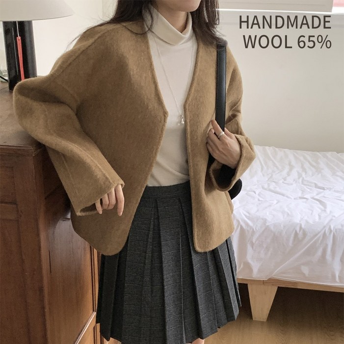 하보 여성 울 블렌드 노카라 하프자켓 부드럽고 따뜻한 데일리룩