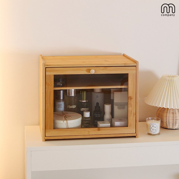 M컴퍼니 원목 화장품 정리함 특대형 2단 수납함 정리대 메이크업 박스 화장대 수납 서랍 선반 정리 트레이 보관함 향수 진열대 우드 투명 엔틱 RI190204L_Kx347502QBT