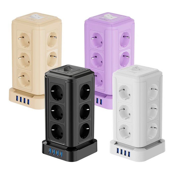 ORDFLES 타워형 멀티탭 12구 4USB포트 고용량 4000W 과부하차단 KC인증 USB 멀티탭, 블랙, 1개, 2m