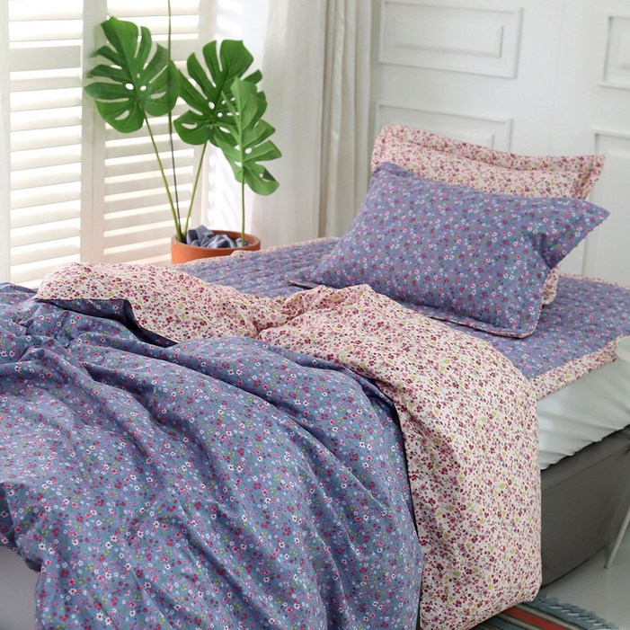 쉐리잔꽃 30수 광목면100 홑겹 이불커버, 싱글더블퀸, 02 블루