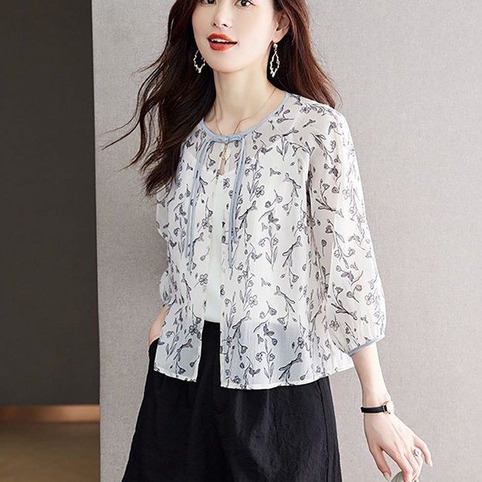 로르카 여성 프린트 리본넥 자외선차단 얇은 7부소매 루즈핏 캐주얼 가디건 Z01031704