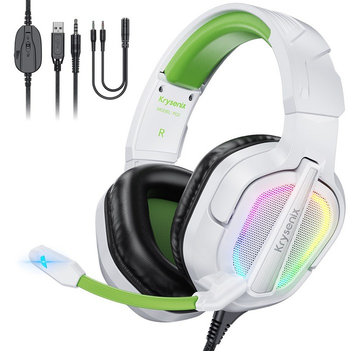 Krysenix 게이밍 헤드셋 pc 유선, PG2, 화이트 그린