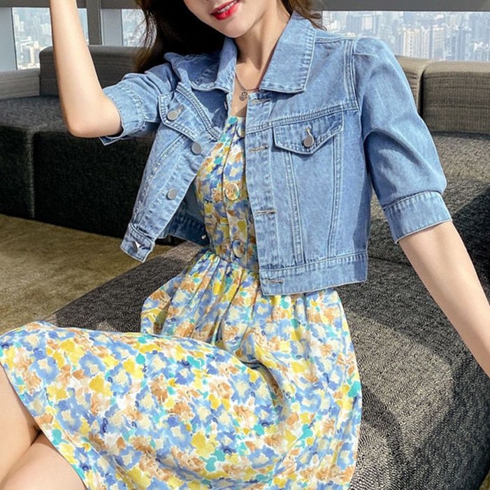 여성 숏 청 자켓 크롭 데님 반팔 자켓 여름 점퍼 여성 숏 청 자켓 크롭 데님 반팔 자켓 여름 점퍼