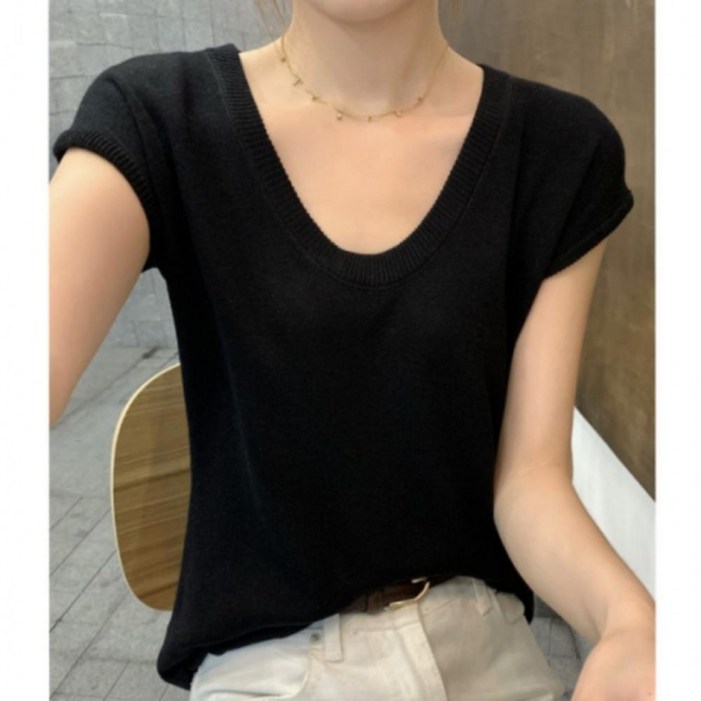 3컬러 여리한 무드 여름 U넥 캡슬리브 반팔 니트티 가디건 여름니트 슬림핏 하객룩