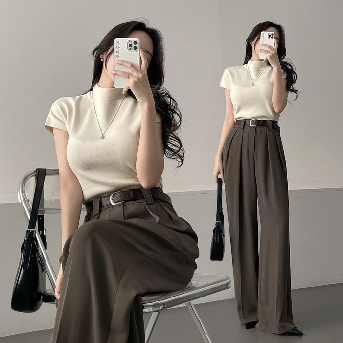 가나다란 크로슈 부드러운 반목 베이직 기본 무지 반팔 니트 4color