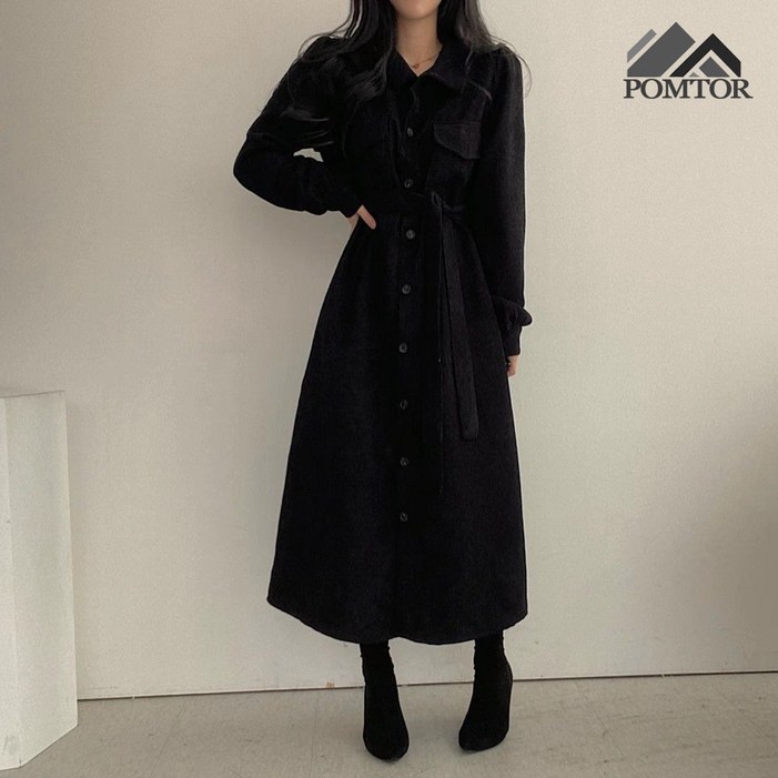 POMTOR 가을 겨울 여성 코듀로이 원피스 긴팔 카라 싱글 허리 조임 솔리드 프렌치 코르덴원피스