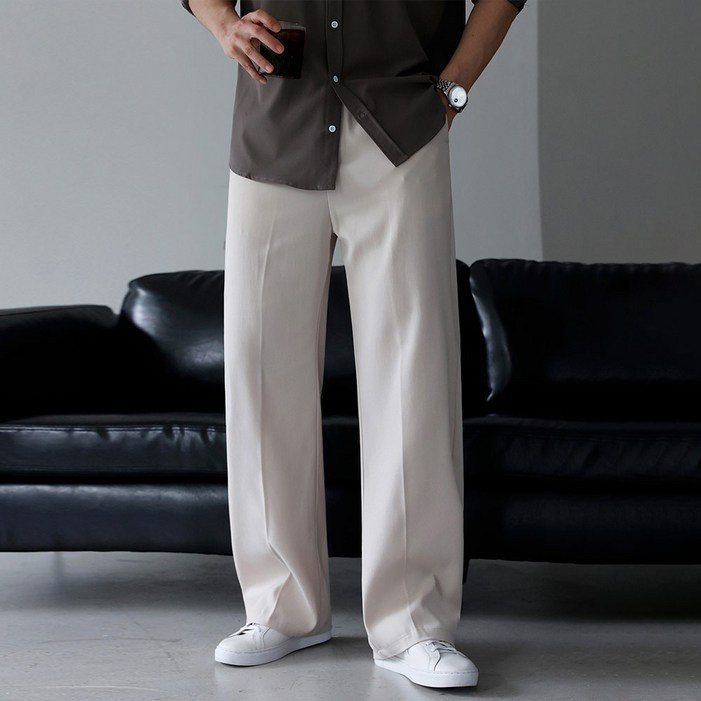 베이직바이블 남자 와이드팬츠 투턱 슬랙스 바지 남성 정장바지 밴딩 세미와이드
