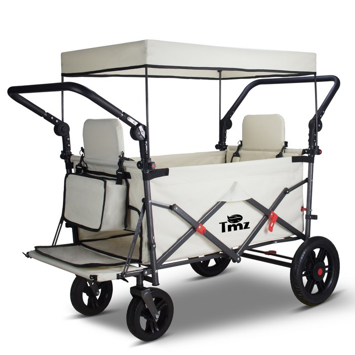 접이식 야외 유틸리티 왜건 캐노피가 있는 해변 왜건 카트 캠핑 쇼핑 정원 및 해변을 위한 휴대용 접이식 왜건 접이식 캠핑카 좌석 포함, 1개, 베이지색