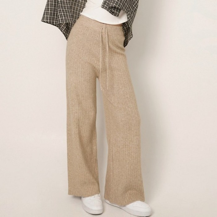 코튼클로젯 여성용 숏롱 기장 데일리 골지 와이드 밴딩 니트 팬츠