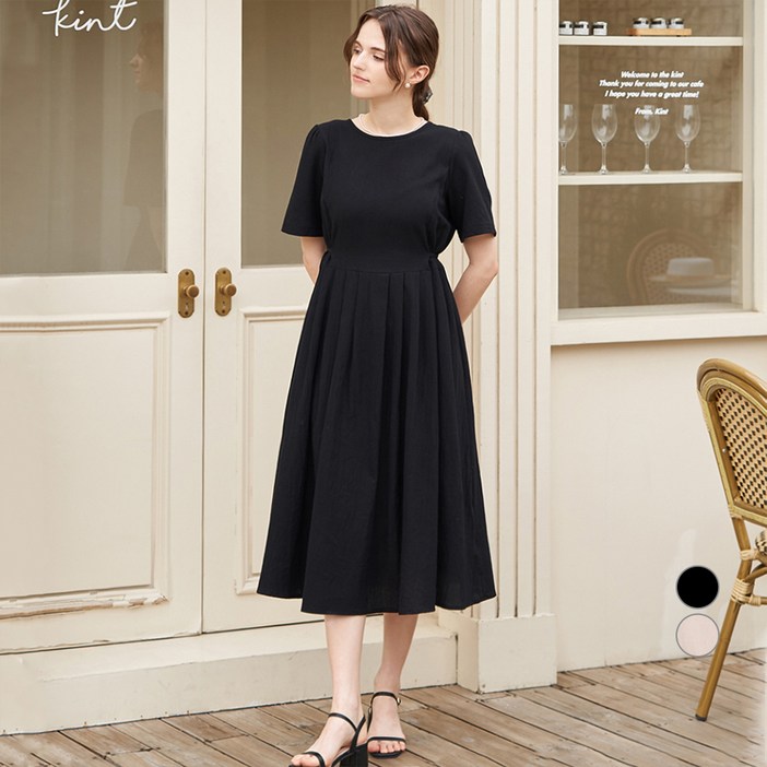 ELLE PARIS 여성용 린넨라이크 플레어 반팔 원피스