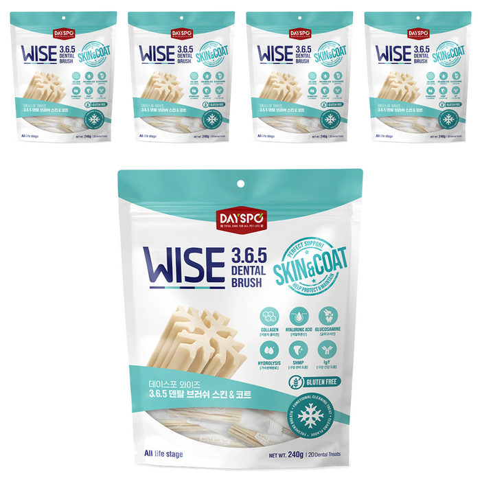 데이스포 강아지 와이즈 365 덴탈브러쉬, 스킨 앤 코트, 240g, 5개