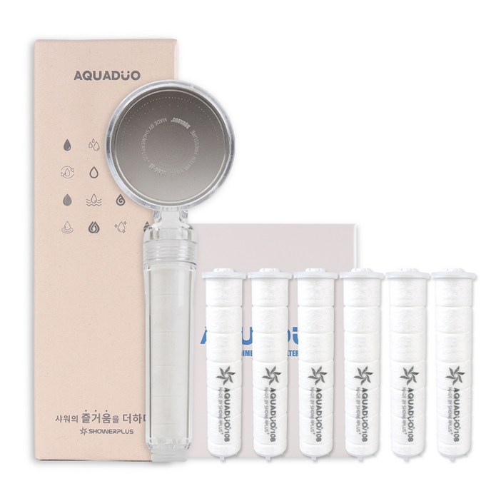 아쿠아듀오 SF-580 필터샤워기 헤드 + 세디먼트 리필 6p 세트, 1개, 클리어