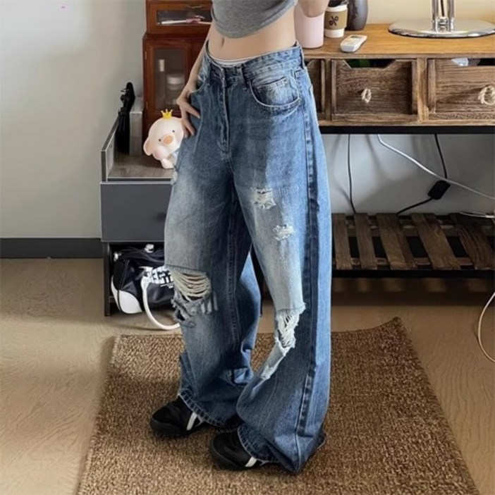 여성용 패션플로우 레트로 워싱 디스트로이드 청바지