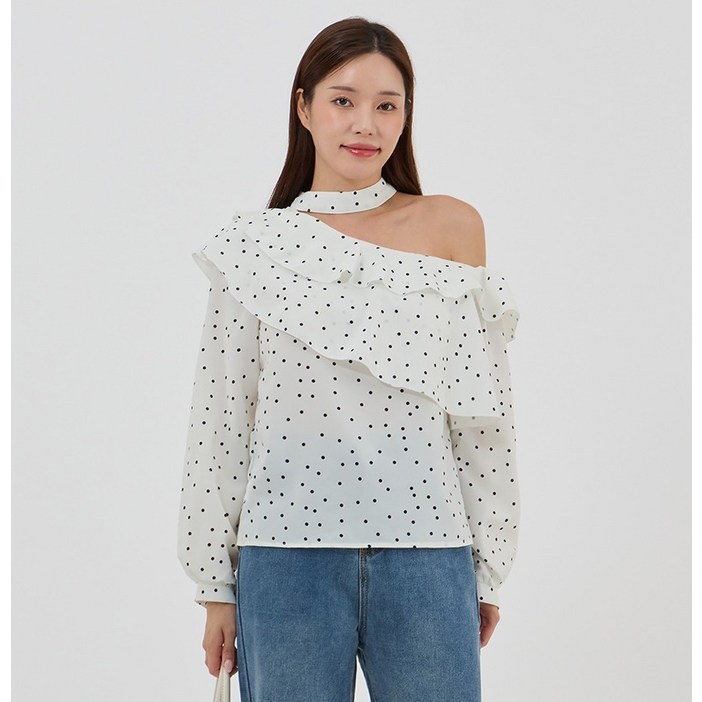 엘쏘 여리핏 하이넥 러플 언밸런스 숄더 롱슬리브 블라우스