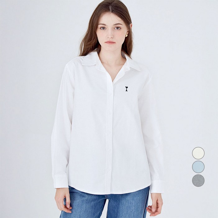 ELLE PARIS 여성용 로고 자수 레귤러핏 옥스포드 셔츠