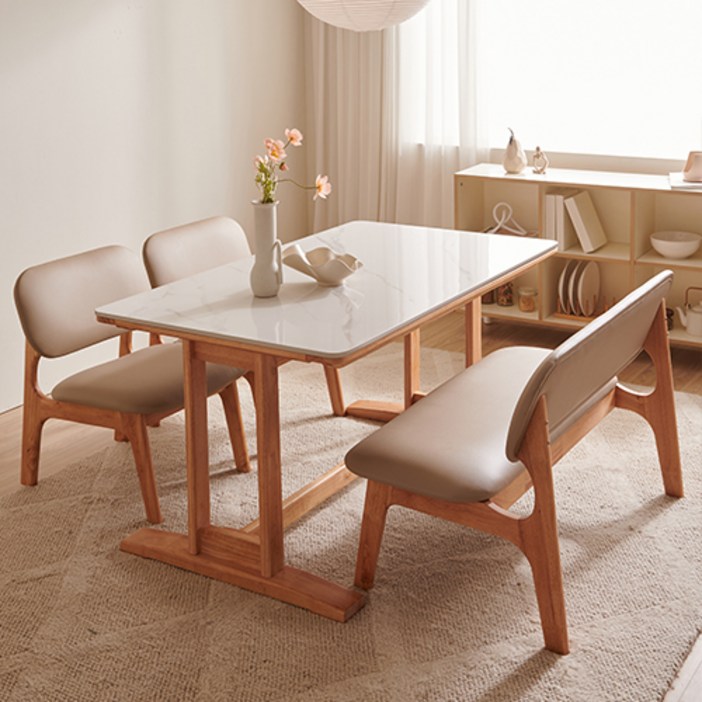 잉글랜더 마샤 통세라믹 원목 와이드 낮은 식탁  벤치  의자2p 세트 방문설치, 식탁마블화이트내츄럴, 벤치베이지, 의자베이지2p, 4인용