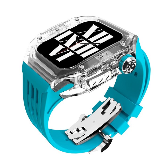 다비드 애플워치용 호환 플립형 일체형 스트랩 9 8 7 se 울트라 호환, 10.투명케이스(실버)-블루스트랩, 1개